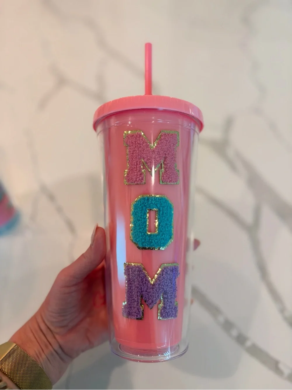 Personalized MAMA or MOM Double-Wall Tumbler with Straw - Blue and Pink